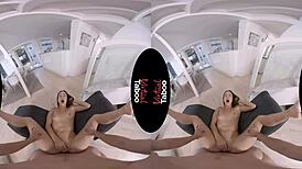 In virtual taboo, the brunette with big ass and shaved pussy rides in cowgirl, giving handjob to his huge dick.