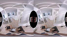 In virtual taboo, the brunette with big ass and shaved pussy rides in cowgirl, giving handjob to his huge dick.