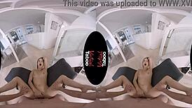 In virtual taboo, the brunette with big ass and shaved pussy rides in cowgirl, giving handjob to his huge dick.