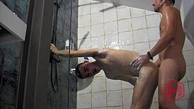 Slut Dilates in the Shower for Gay Blowjob