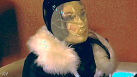 fetish leather girl in bondage play, wrapped in nylon, latex, hood, catsuit, and rubber for intense mummification.