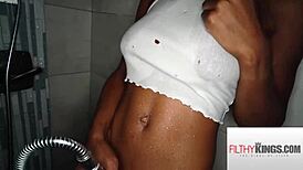 gorgeous busty black babe sucks big cock in the shower