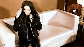 fetish leather girl in bondage play, wrapped in nylon, latex, hood, catsuit, and rubber for intense mummification.