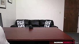 Mochi Gets Her First Ass Pounding in Fake Casting with Petite Cowgirl Riding on Backroom Sofa.