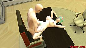 Bulma, the beautiful Japanese MILF wife, CHEATS on her husband by SUCKING the boss's balls right in front of him—netorare hentai episode 5.