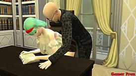 Bulma, the beautiful Japanese MILF wife, CHEATS on her husband by SUCKING the boss's balls right in front of him—netorare hentai episode 5.