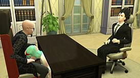 Bulma, the beautiful Japanese MILF wife, CHEATS on her husband by SUCKING the boss's balls right in front of him—netorare hentai episode 5.