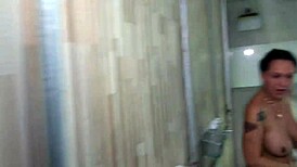 Latina with big natural tits gets fucked by monster cock in bathroom while husband almost discovers.