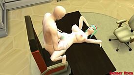 Bulma, the beautiful Japanese MILF wife, CHEATS on her husband by SUCKING the boss's balls right in front of him—netorare hentai episode 5.