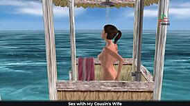 Animated Cartoon Girl Poses On Beach And Showers