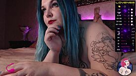 blue haired girl paints nails