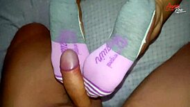 Stepmom's Socks Drive Me Wild, Cumming Hard on Her Big Natural Tits in Bed