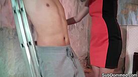 Dominatrix Tugs Cock and Humiliates Her Bound Submissive