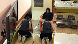 Caught on cam: university boy licks petite brunette's pussy