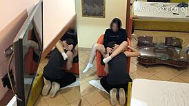 Caught on cam: university boy licks petite brunette's pussy