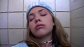 Little April fingers herself wildly in a public toilet stall