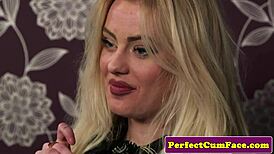 British lingerie babe sucks cock in front of a voyeur, getting cum on her face 😏