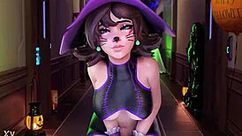 Kiriko chooses to suck or fuck in wild Halloween 3D action.