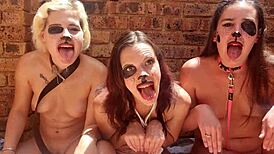 Three topless sluts with small tits drooling outside