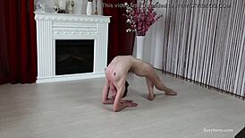 skinny brunette anna mostik shows her athletic legs at gym