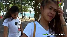 In this POV, tattooed Asian hookers suck mature guy's cock