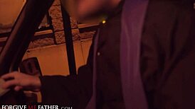 The waitress feels thrilled getting roughly fucked cowgirl and bent over in van with big tits cumshot