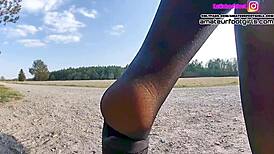 Kati's Shoeplay in Nylons with Dangling Sneakers and Bare Feet