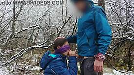 Public blowjob and cum swallow near mountain river