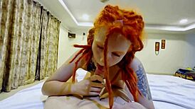 enni lait, a beautiful redhead, intriguingly gets cum on face from monster cock in hardcore scene