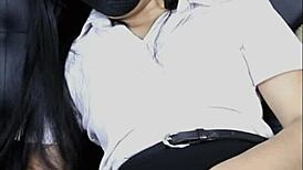 single girl jerks off condom-covered cock while on boyfriend's call 😏