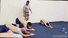 boy giving old guy blowjob during bare yoga motivation session
