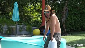 big dick pool boy fucks latina rose lynn and gets sloppy blowjob outdoors. muff diving cowgirl sex for work break.