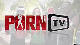 Hot reporter encounters basketball team in wild group scenario.