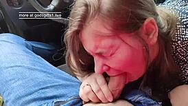 Blowjob in the car turns into hardcore public deepthroat action