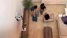 Two horny latina babes kiss and finger each other's pussies on vacation 😍.