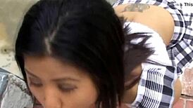 The asian babe gives a naked blowjob to the cock.