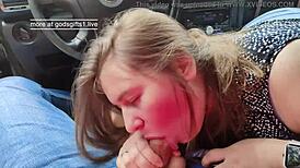 Blowjob in the car turns into hardcore public deepthroat action