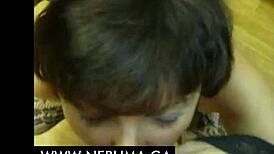 Elderly lady caresses herself and works her mouth