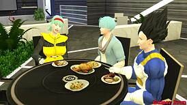 Bulma sucks stepson, fucked hard in ass next to husband.