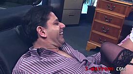 Blonde, brunette, and black engage in wild office orgy