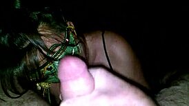 milf in green mask licks and sucks thick cock