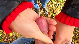 got caught jerking off to a risky public handjob by cute teen in the forest 😏