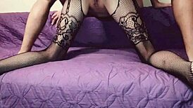 Slim Brunette in Fishnet Stockings Bent Over for Intense Doggy Style Fucking by Her Friend