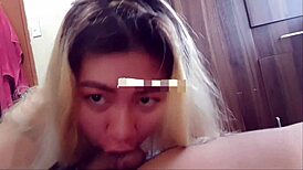 Asian cowgirl strips and swaps cum in homemade pussy play