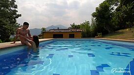 Latina seduces step cousin in pool