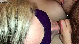 BDSM play of an amateur couple with a blindfolded blowjob