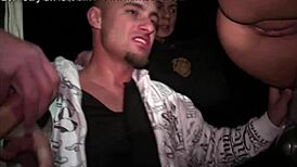 Fucking through car window in wild public sex gang bang orgy.