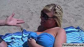 Hey, check out Heidi Hollywood, thick blonde sunbathing topless on the beach!