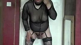 he stretches ballsacks in fishnets and stockings