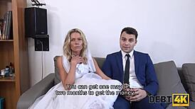debt collector bangs bride in white dress and stockings for cash in pov style